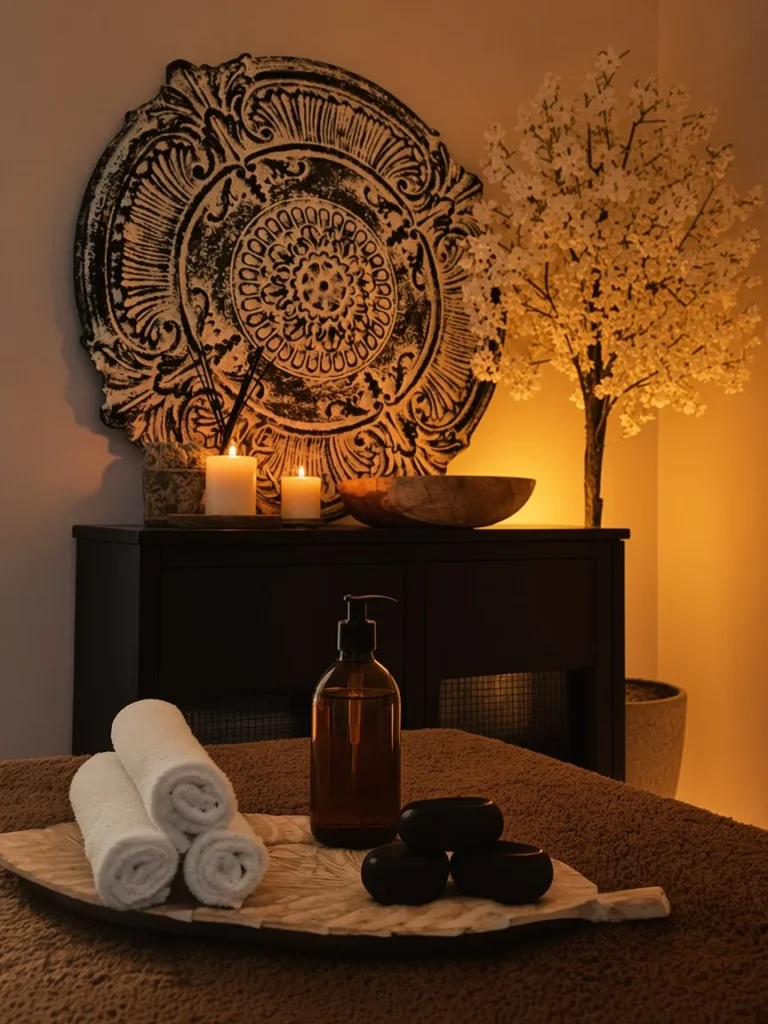 Wnętrze gabinetu Mansuri Clinic & SPA – świece, ręczniki i kamienie do masażu
